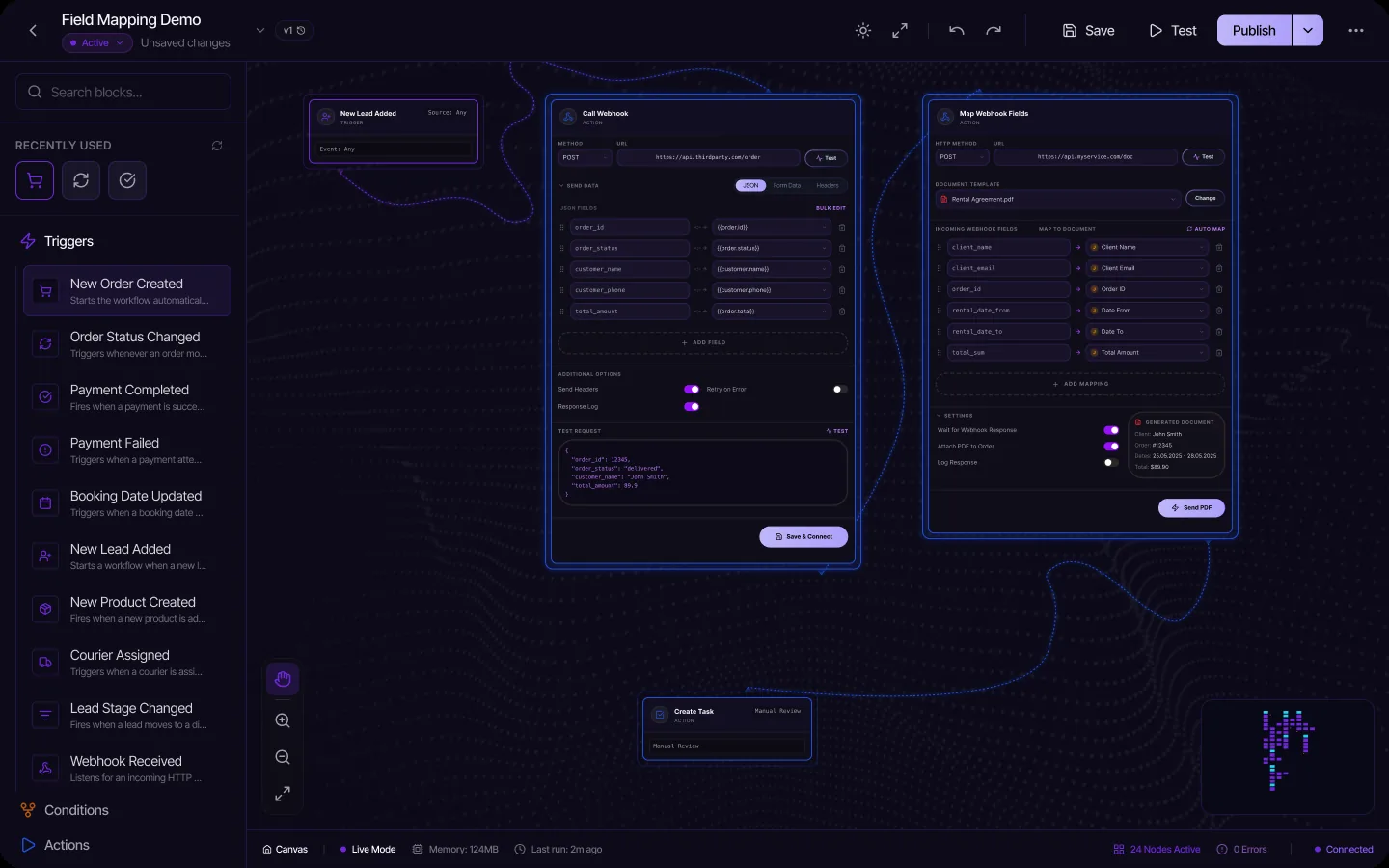 SABSUS field mapping workflow for webhooks and generated documents