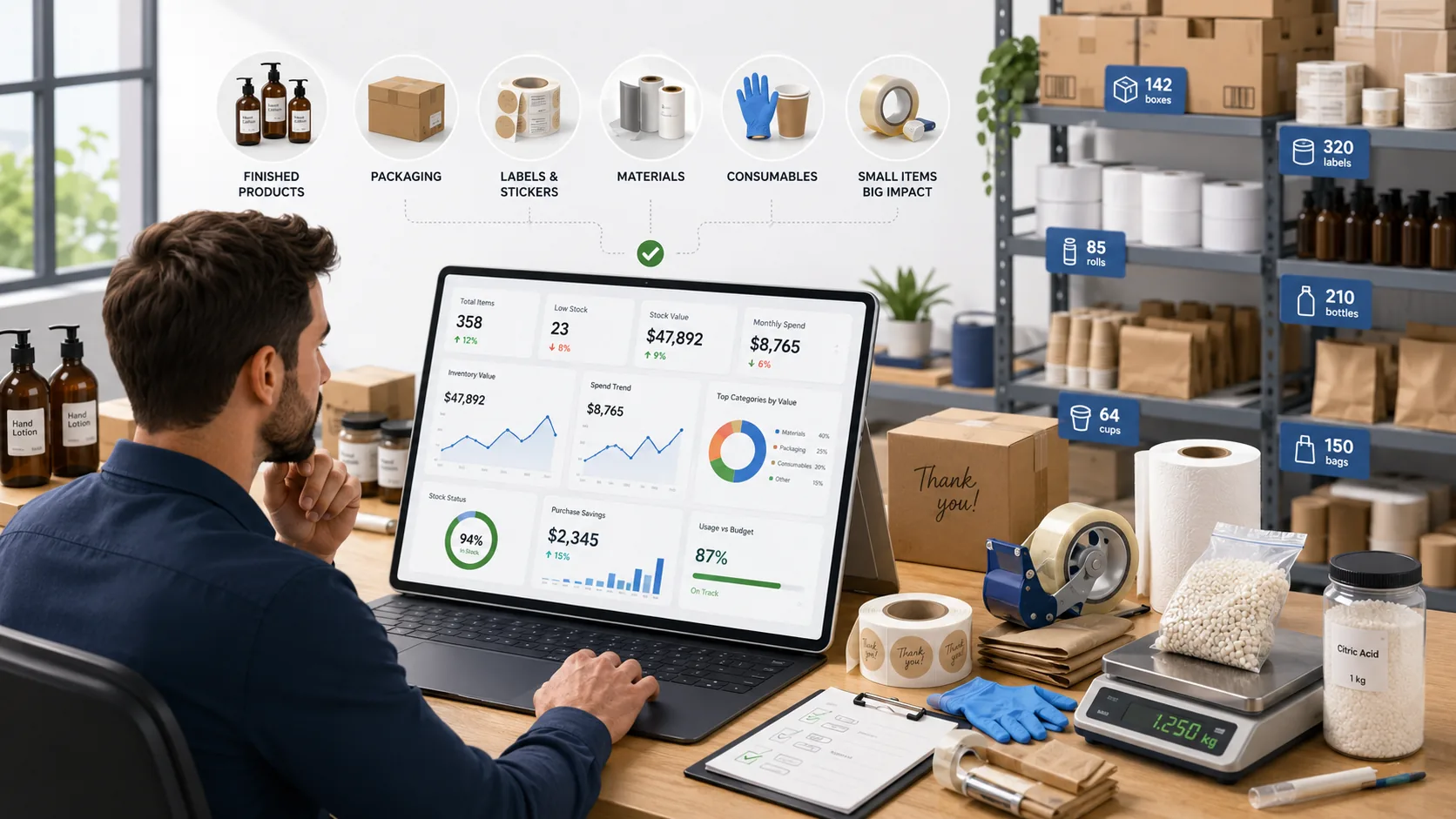 Inventory tracking with packaging materials and consumables
