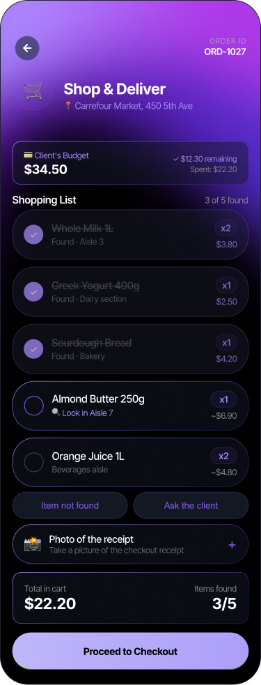 SABSUS shop and deliver screen with shopping list and checkout