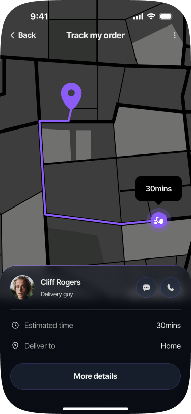 SABSUS customer order tracking screen with map and courier status