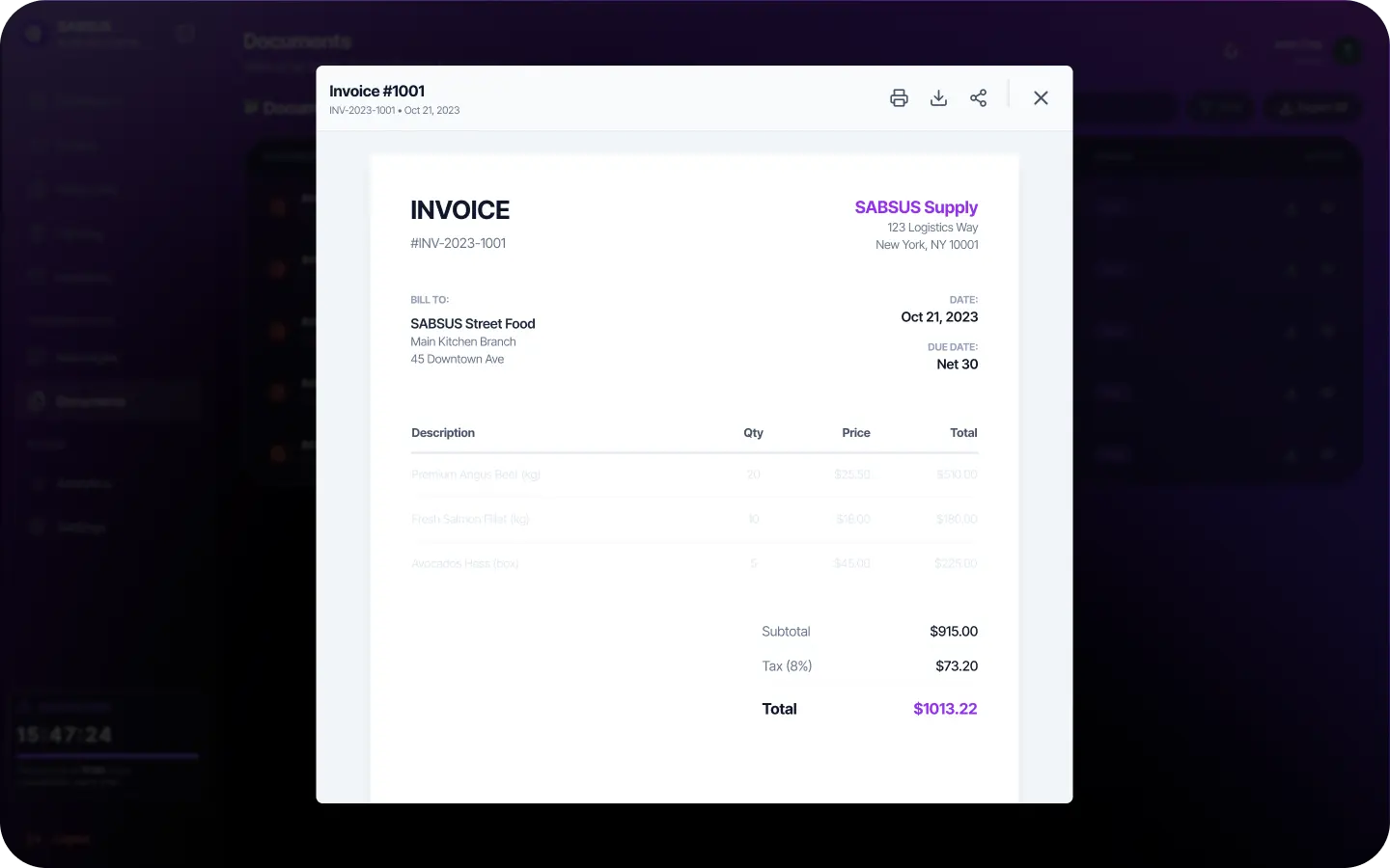 SABSUS supplier invoice document screen