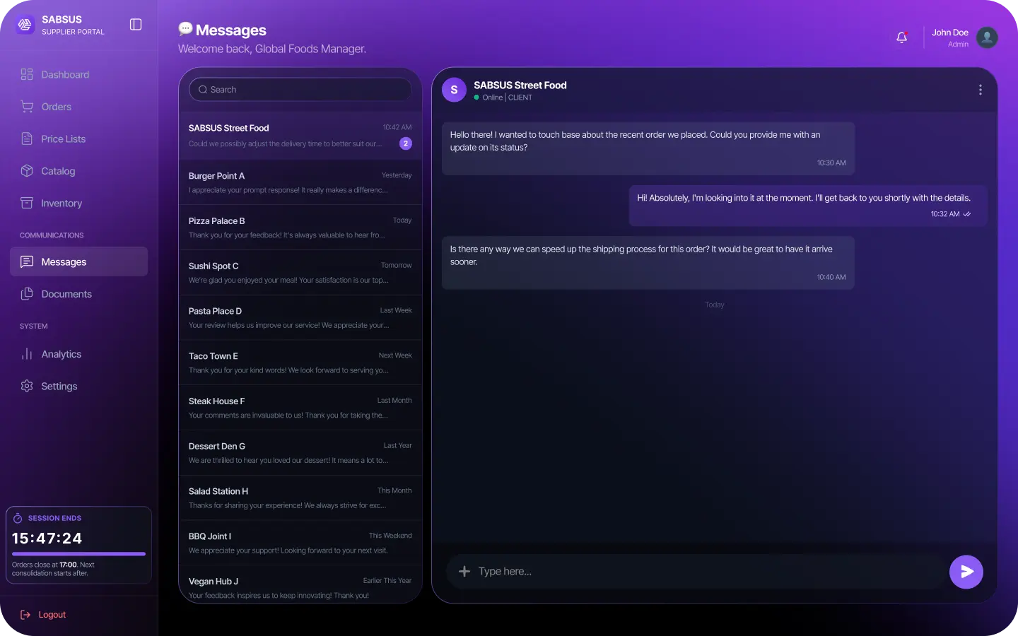 SABSUS supplier messages screen