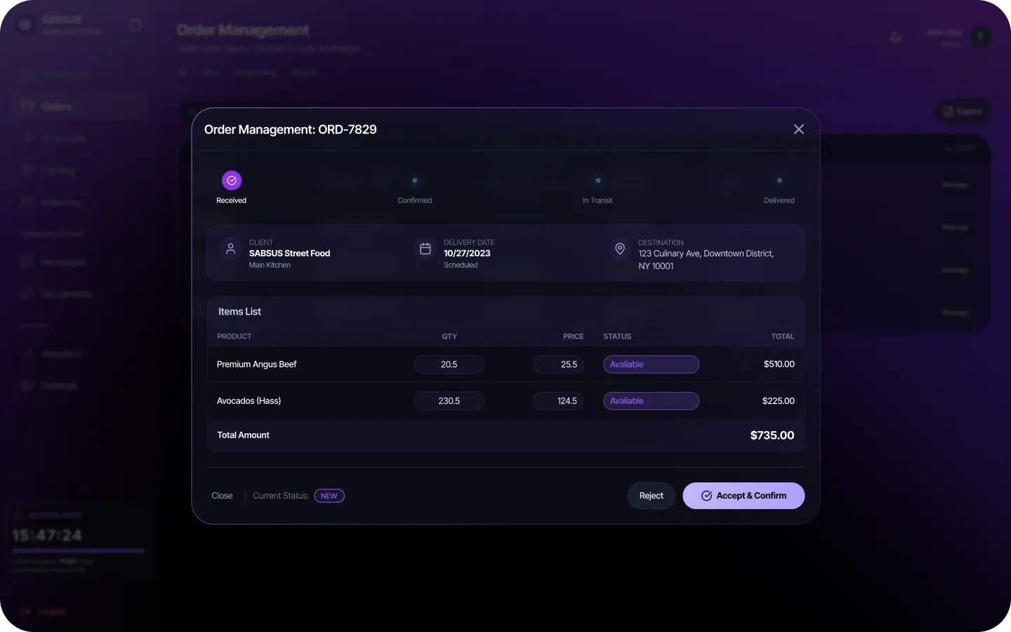 SABSUS supplier order management screen