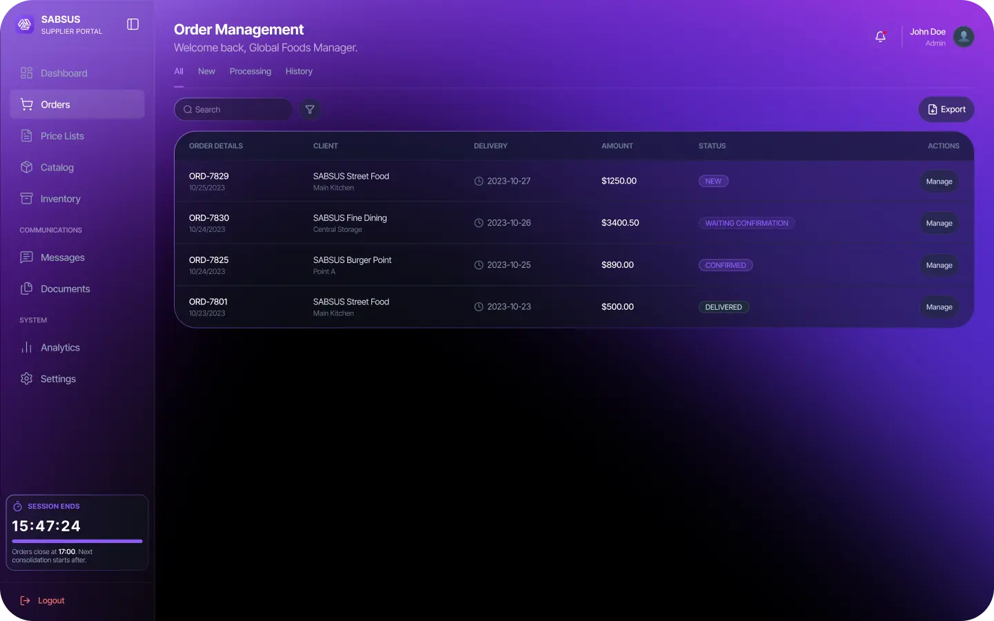 SABSUS supplier order list interface