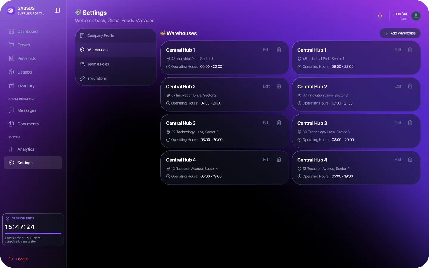 SABSUS supplier warehouse settings screen